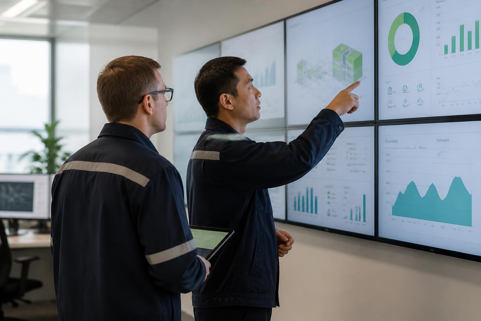 Building operations engineers reviewing energy and equipment performance dashboards on a control-room screen wall.