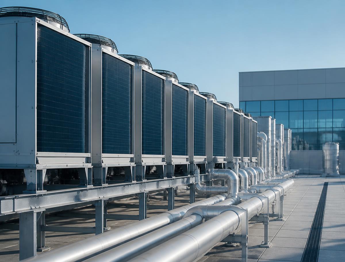 Rooftop chiller plant serving a commercial building.